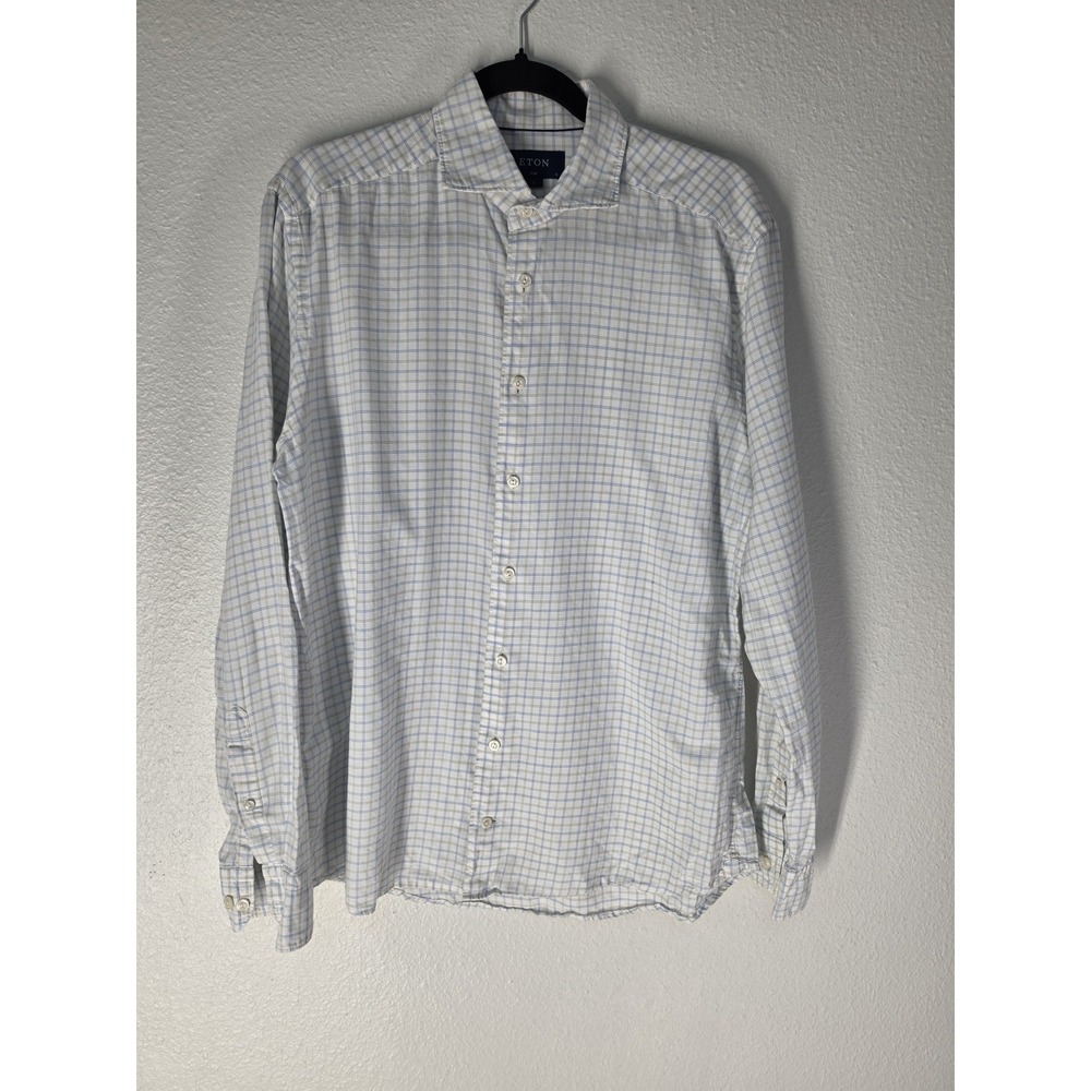Eton Dress Shirt Men L White Blue Plaid Cotton Silk Formal Long Sleeve Classic